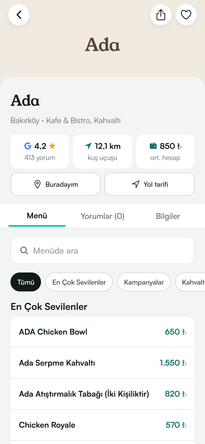 Clevi uygulamasında restoran menüsü