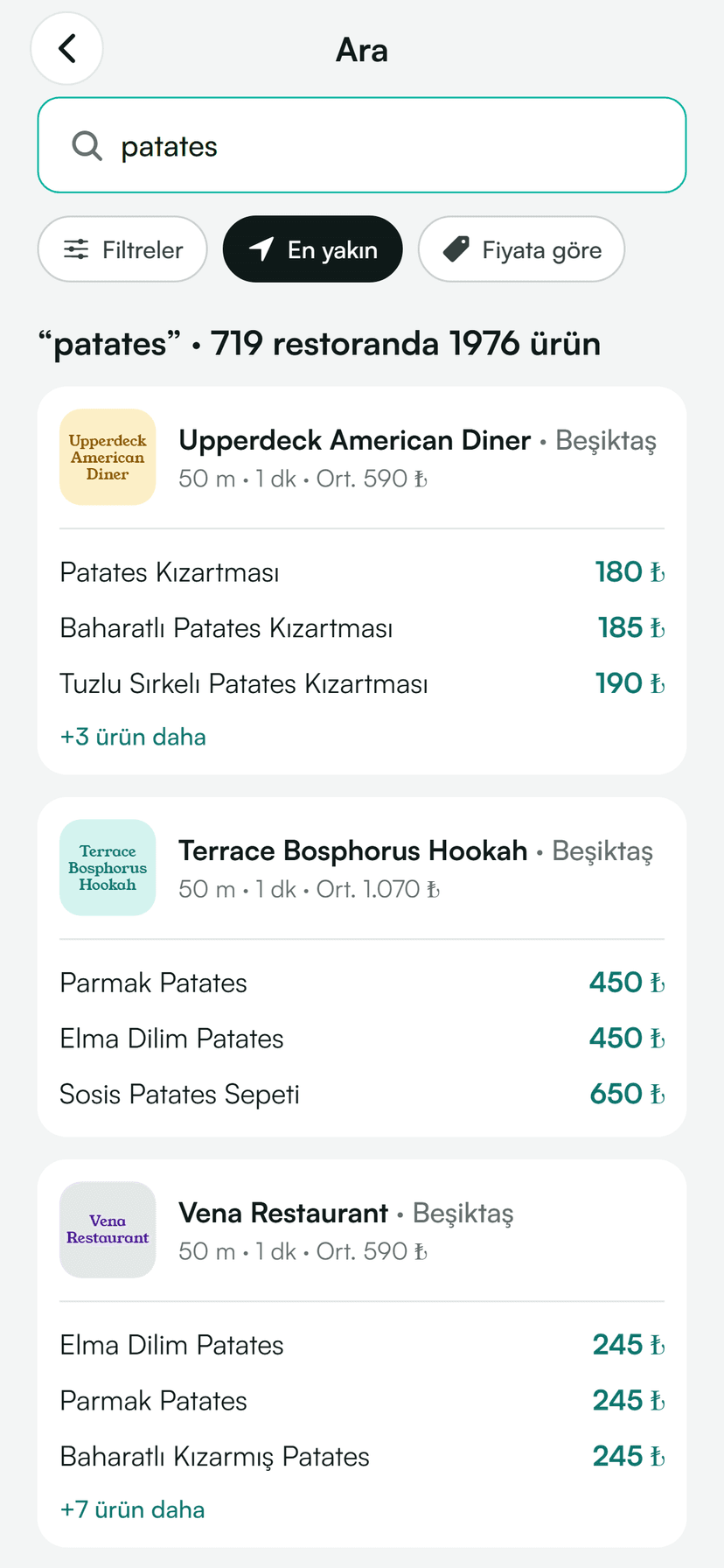Clevi uygulamasında yemek araması